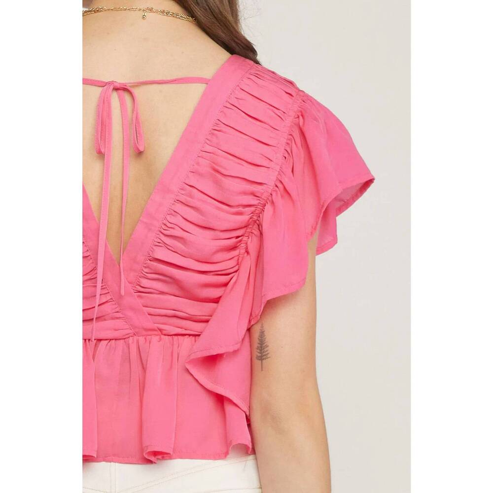 NEW ENTRO solid v-neck butterfly sleeve top in pink - Picture 6 of 8